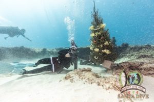 Scuba diving with Santa and underwater Christmas tree decorating