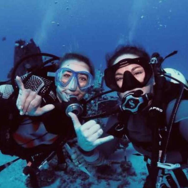 Two divers give shakas while underwater